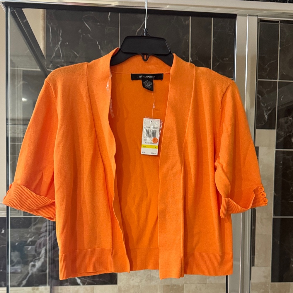 89th & Madison Bright Orange Cropped Open-Front Cardigan Shrug